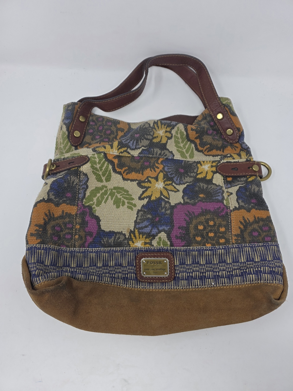 Vintage Fossil Long Live Vintage Floral Tapestry Suede Hobo Shoulder Bag Boho